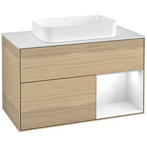 Villeroy und Boch Finion Waschtischunterschrank G251GFPC 100cm, Abdeckplatte white matt, Emotion, Regal rechts Glossy white lacquer, Oak Veneer